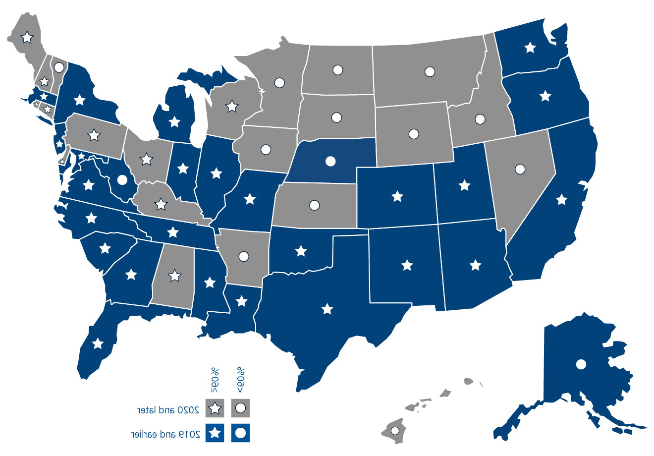 This is a map of the continental U.S., Hawaii, 以及阿拉斯加，显示了指定为分娩友好的州的医院比例与该州是否参与全国孕产妇保健倡议之间的关系. See the link below the image for a description of the image.